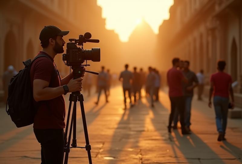 Image of a film crew setting up equipment on a location shoot in India, representing production support services.